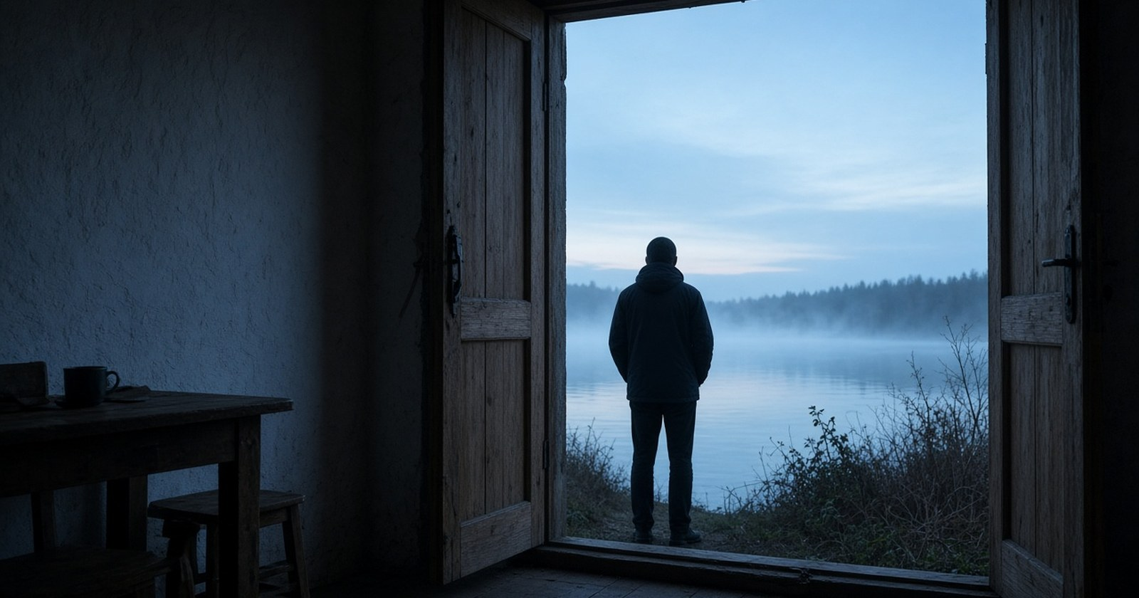 A figure seen from behind stands in an open cottage doorway, looking out over a misty river at dawn