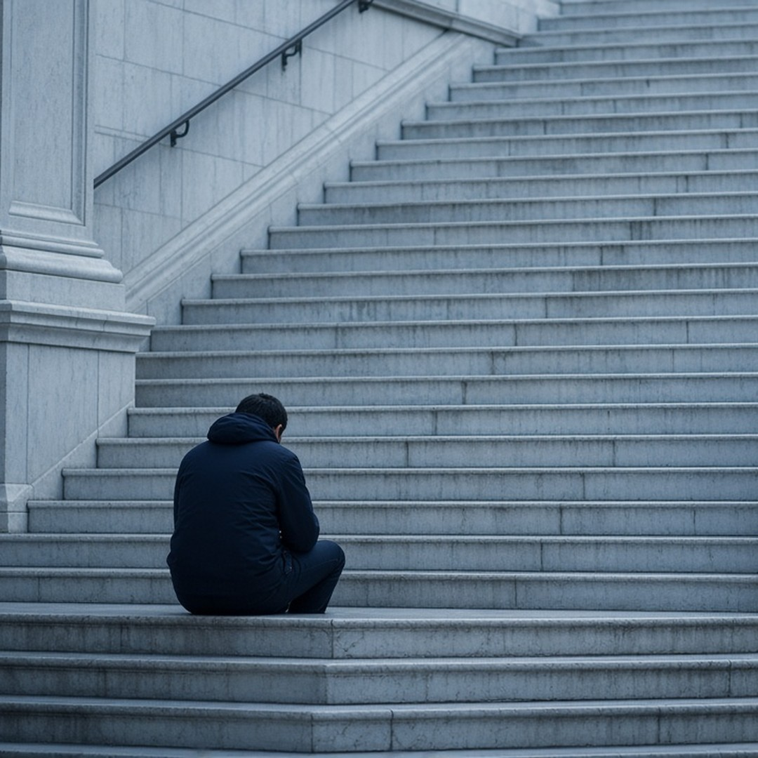 A lone person sits head bowed on the bottom step of a grand stone staircase