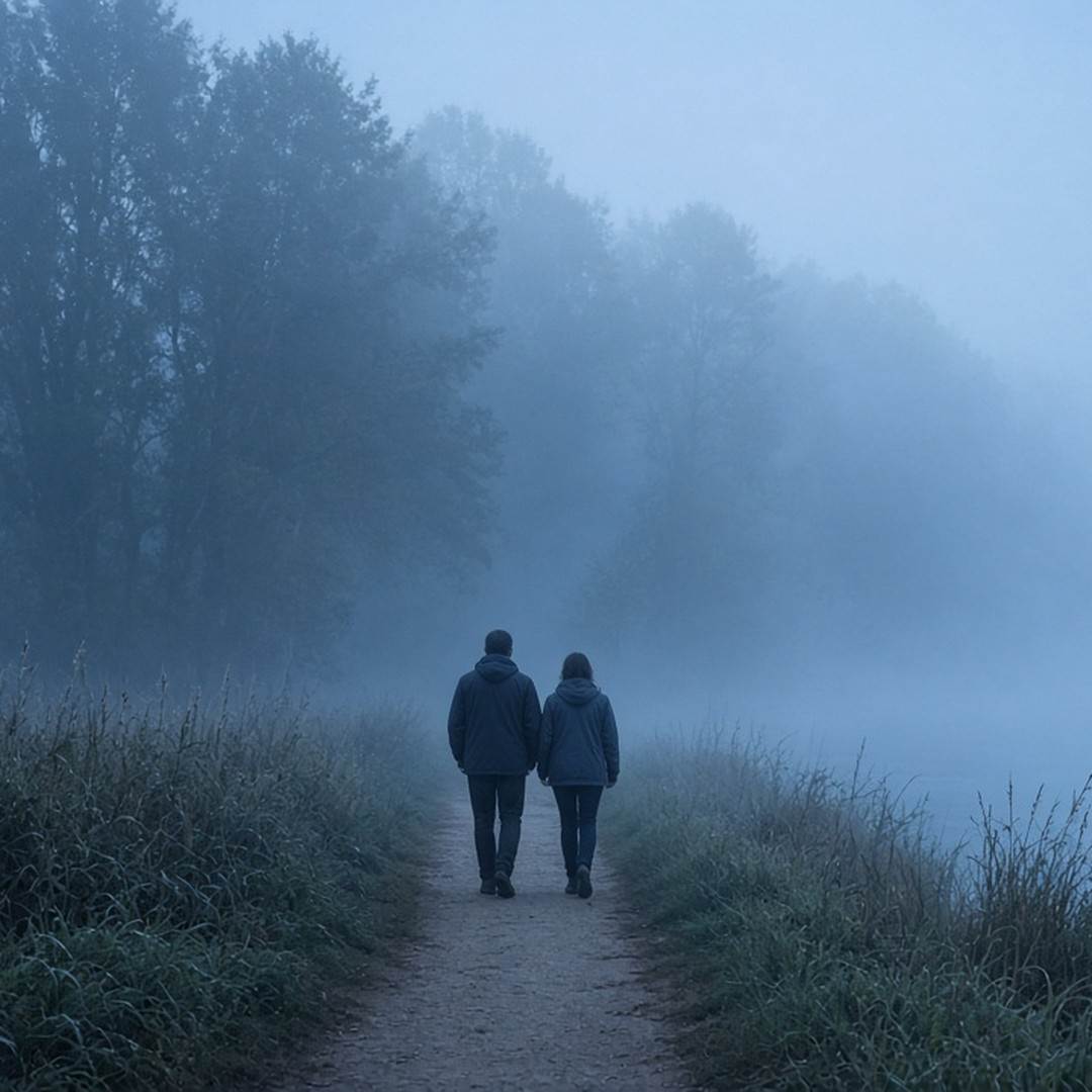 Two people walk side by side, unhurried, along a misty riverside path